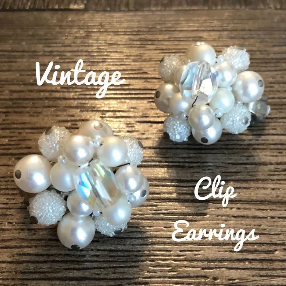 Vintage White Pearl Aurora Borealis Clip Earrings